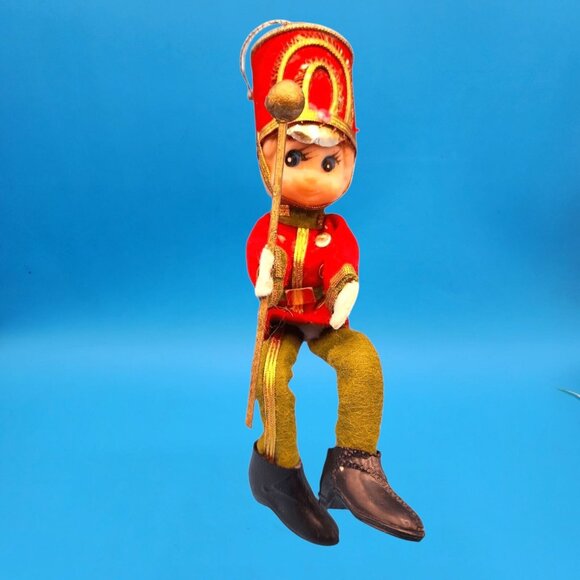 Vintage 1950s Elf Toy Soldier Ornament • Red Green Felt with Velvet Gold Trim • - Picture 2 of 10